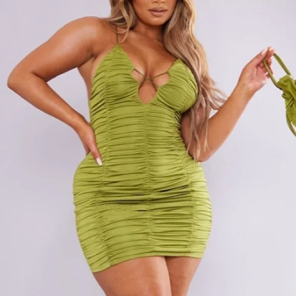 PrettyLittleThing | Dresses | Prettylittlething Shape Olive Slinky Extreme  Ruched Bodycon Dress | Poshmark